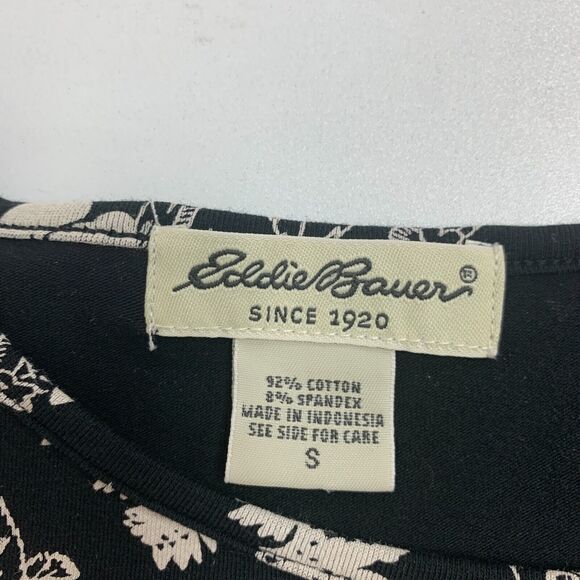 Eddie Bauer Shirt Womens S Small Black Beige Floral Short Sleeve Crew Stretch - Picture 7 of 12